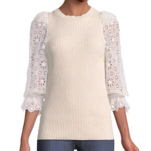 Rebecca Taylor Pink Cotton Silk Ribbed Puff Sleeve Sweater. Size Small